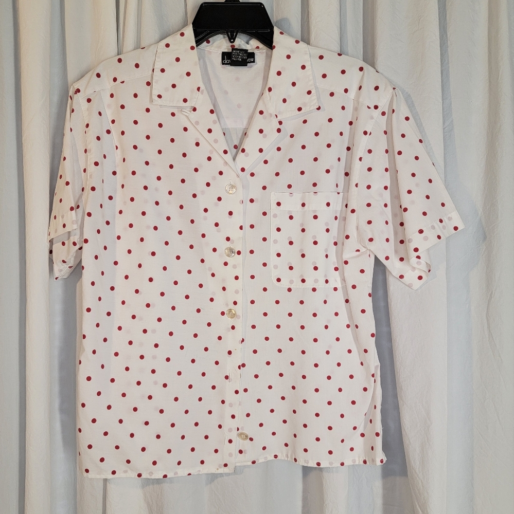 Ladies' White Camp Shirt with Red Polka Dots